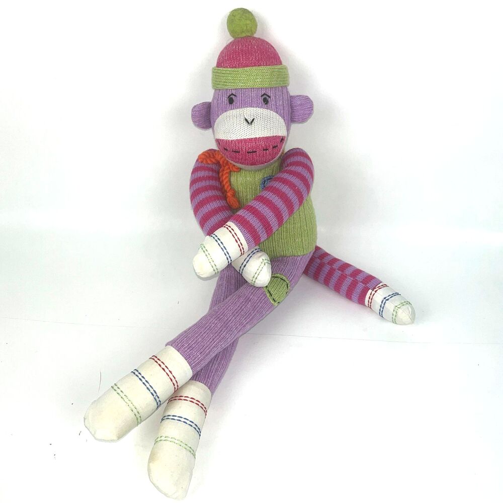 VTG Sock Monkey Plush stuffed toy Purple Green Scarf hat magnetic hands feet 19"